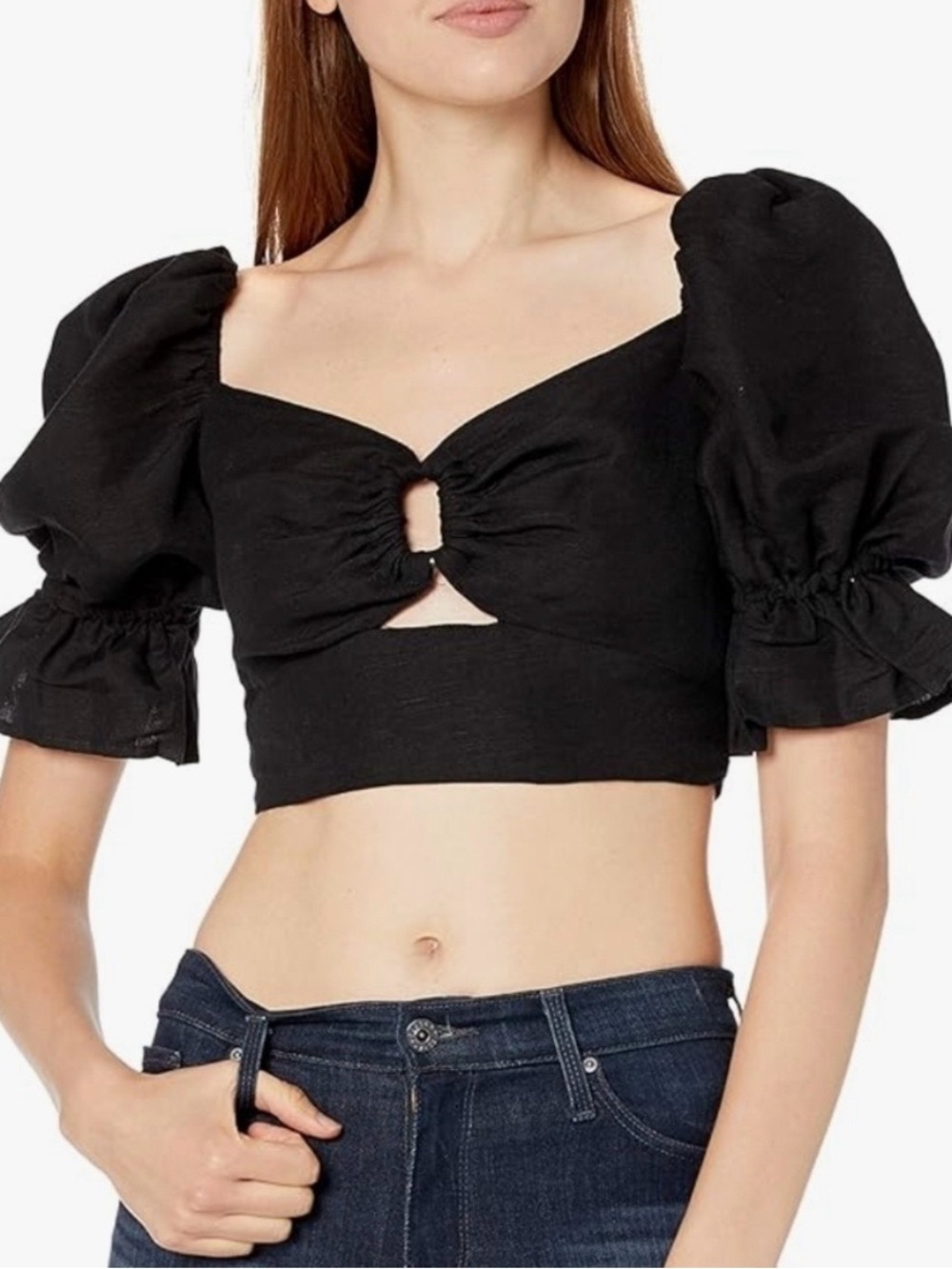 C/MEO Collective Black Puff Sleeve O-Ring Keyhole Crop Top - Size Large (L)